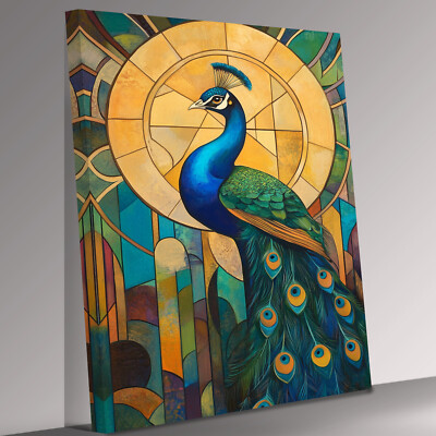 Pfau Vogel Art Deco tolle Farben schönes Leinwand Wandbild fertig zum Aufhängen