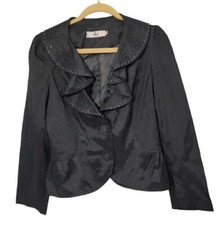 Rossi Roma Bolero Jacket S Black Silk Blend Button Front Sequin Ruffle Lapel