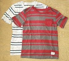 TOUGHSKINS JUMPING BEANS Lot of 2 Boys Striped Pkt T-Shirts Red/Gry Gry/Blu 7