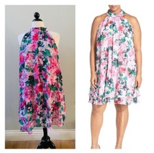 ELIZA J pink Floral Chiffon Trapeze Halter tea party event dress womens size 10