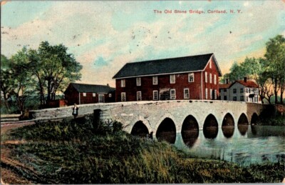 Vintage Postcard Old Stone Bridge Cortland NY New York 1909 Litho-Chrome   G-550