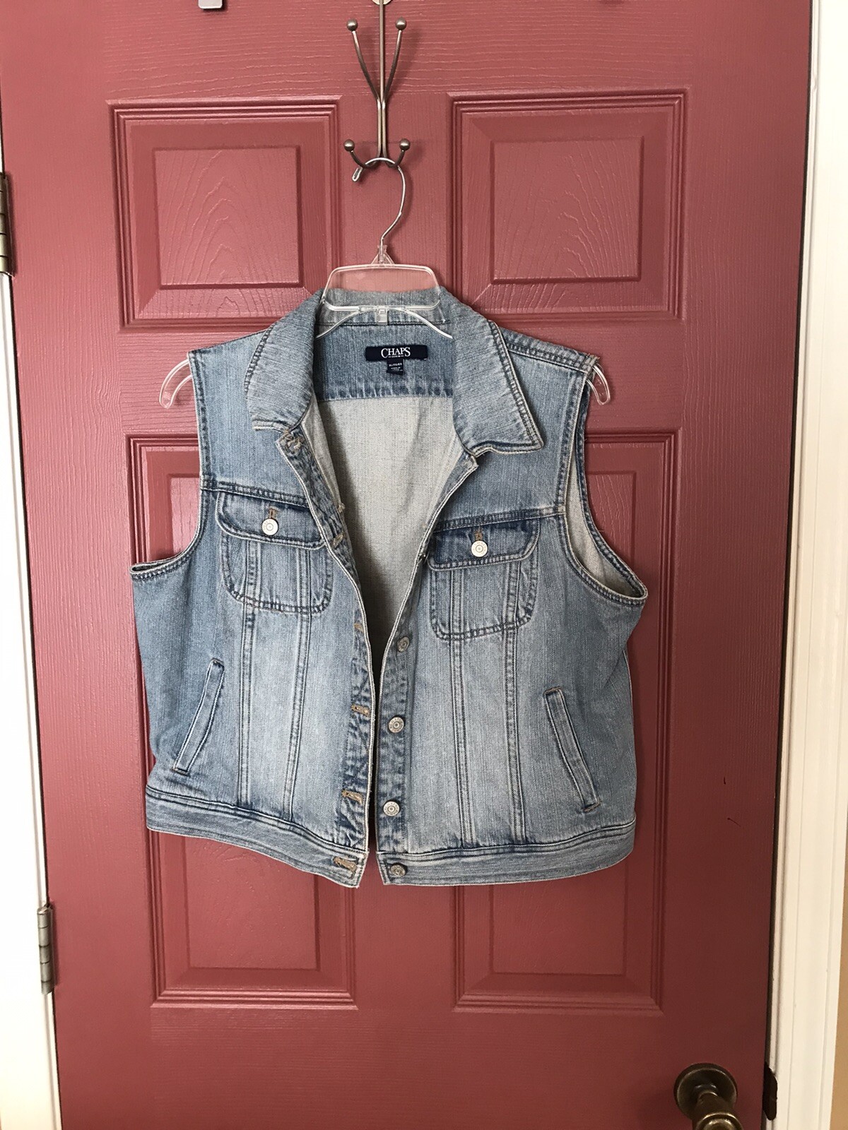 Womens Chaps Faded Blue Full Button Up Denim Vest Siz… Gem