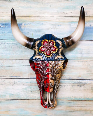 Western Texas Flag Colors Floral Tribal Tattoo Bison Cow Skull