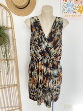Lushous black faux wrap dress 12 M mini short sleeveless vneck beige orange aqua
