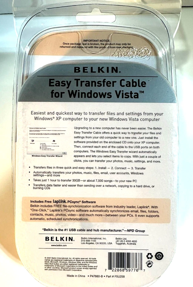 BELKIN Easy Transfer Cable for Windows Vista NEW IN BOX - Image 2 of 2