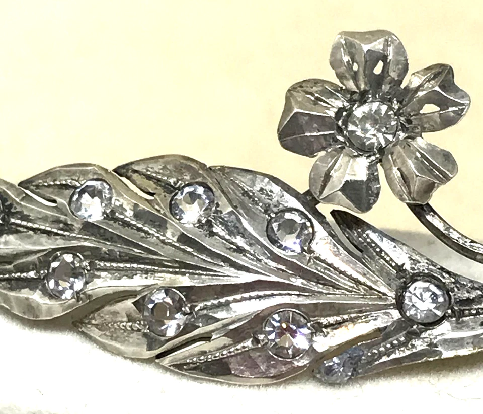 SPILLA IN ARGENTO STILE ART NOUVEAU, ANNI 50, RETRO PLACCATO ORO , CON STRASS - Immagine 4 di 4