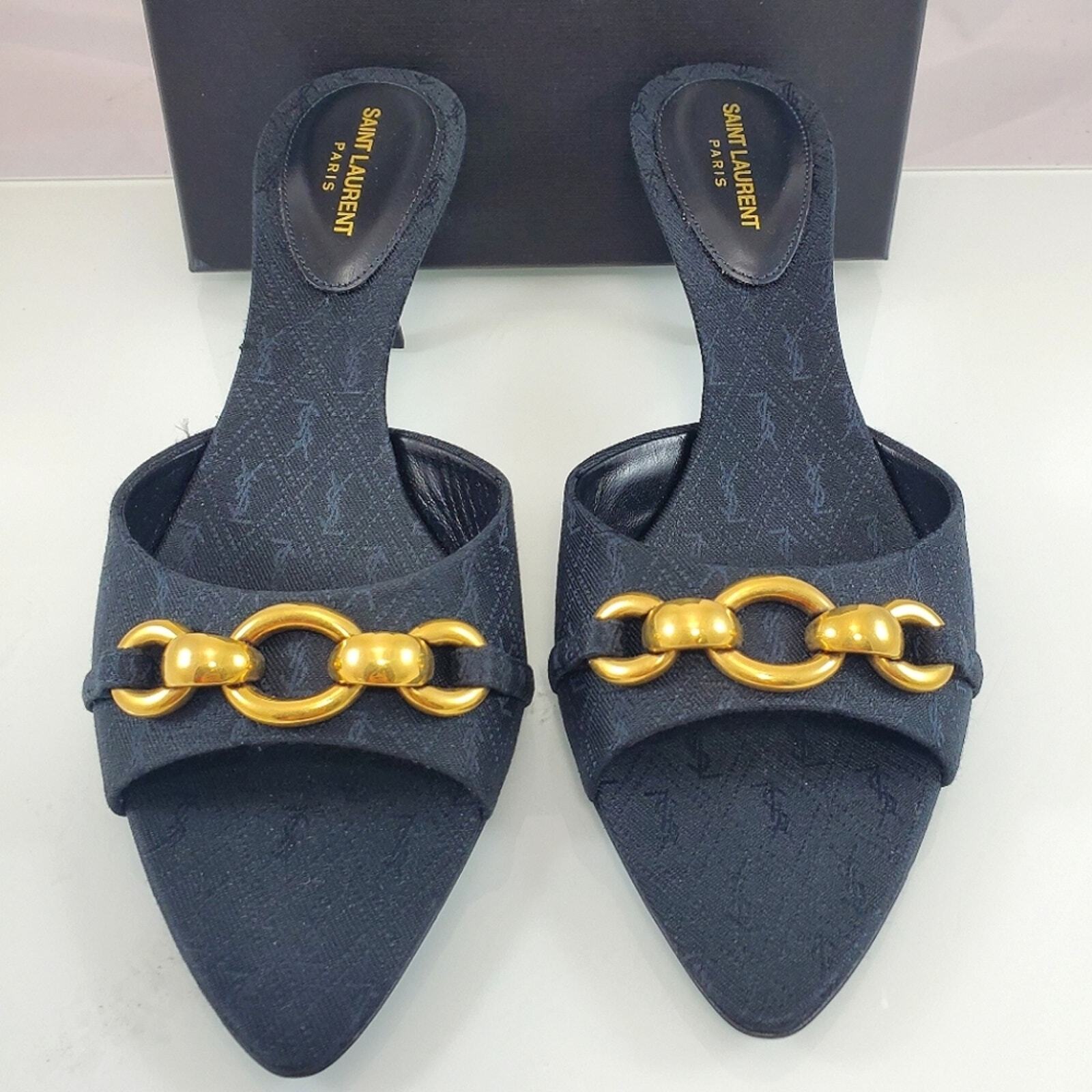 NUOVI $1050 Logo Saint Laurent YSL Catena Gippy Tacco Gattino Slide Mules Taglia 37