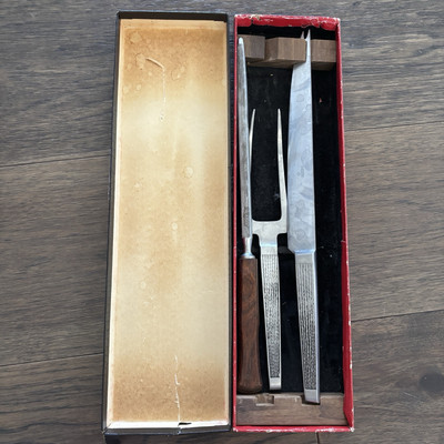 VTG MCM Carving Knife Fork Set Fleetwood / Flint Stainless Teak Wood Danish