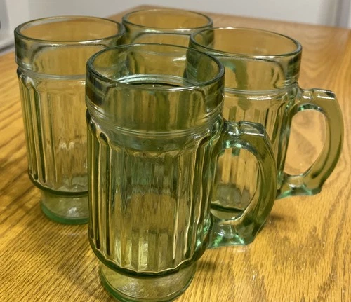 Vintage Anchor Hocking Green Ribbed Beer Mug Glasses with Handle Set/4 15 oz