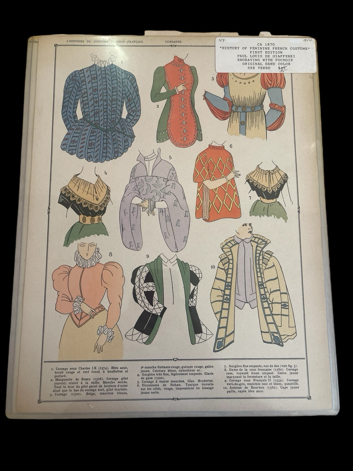 1870 French Fashion lithograph hand colored  History of the Feminine Costume