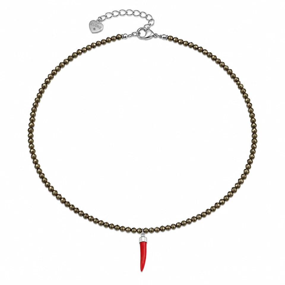 Collier en cristal de pyrite et corne en corail et fermeture en acier - Photo 1/1