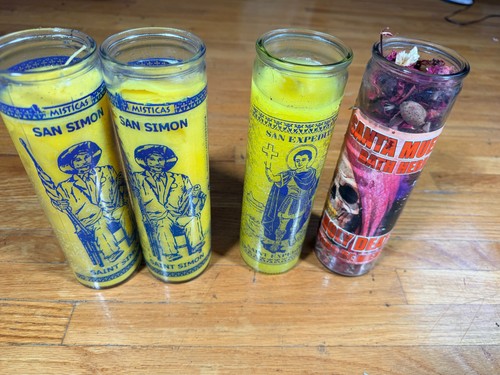 Lot 4 Spiritual Prayer Candles San Simon San Expedito Santa Muerte Bath Herb