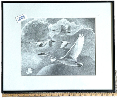 Art Print by Edson Fichter FLYING GEESE AMONG CLOUDS Matted & Framed 16''x20''