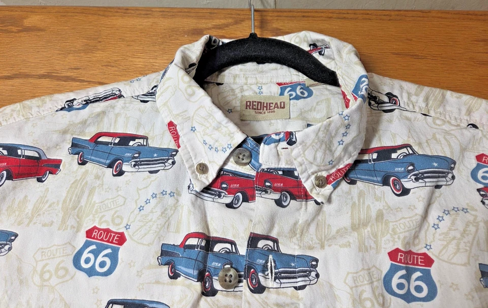 Redhead Shirt Mens Size L Button Up Route 66 Classic Cars Print Chest Pocket - Image 3 of 4