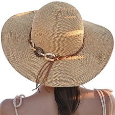Beach Sun Hats for Women - Wide Brim Straw Womens Summer 7 1/4-7 1/2 Khaki-2