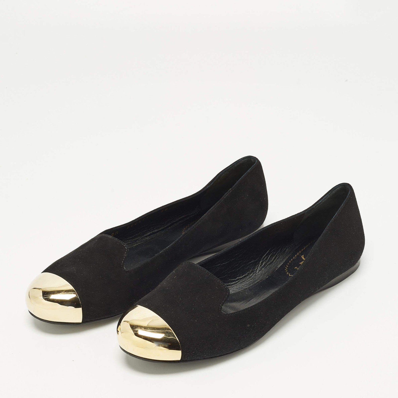 Yves Saint Laurent Size 38 BlackGold Metal and Suede Cap toe Ballet Flats thumbnail 2