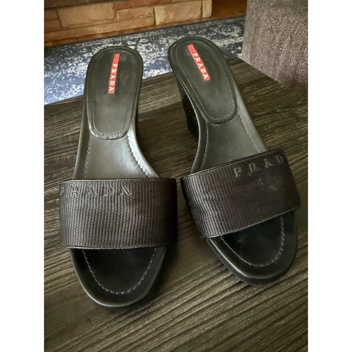 靴 PRADA SPORT Leather Heels Vintage Prada Sport Patent Leather Black Wedge Y2K Heels Sz. 38.5