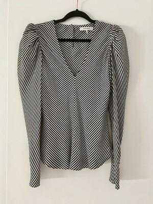 FRAME Black & White Striped V-Neck Puff Long Sleeve Button Blouse Size S