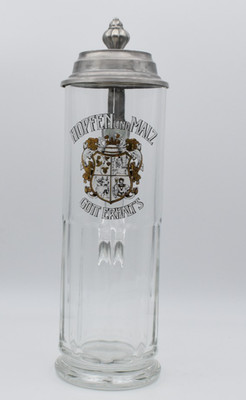 Glas Bierkrug mit Zinndeckel. Hopfen und Malz Gott erhalt`s. Gravur Alfons
