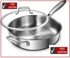 12 Inch Tri-Ply Stainless Steel Frying Pan, 5-Quart Deep Saute Pan with lids,...