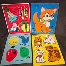 Vintage Playskool Wooden Tray Puzzles Lot of 4 Reddy Fox Pets Birthday Colors