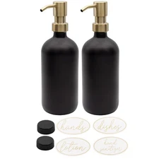 16oz Glass Pump Bottles 2pk, Black w/ Gold w/ Brushed Metal Tops- Darware