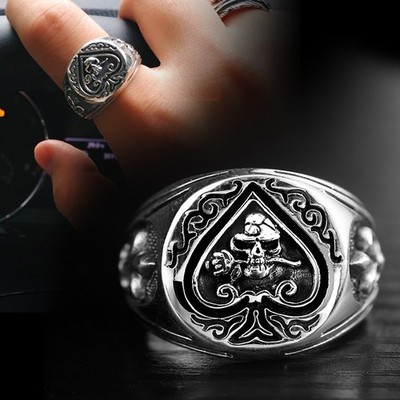 Skull Ring Stainless Steel 925 Ace of Spades Skull with Rose Flower Fleur De Lis