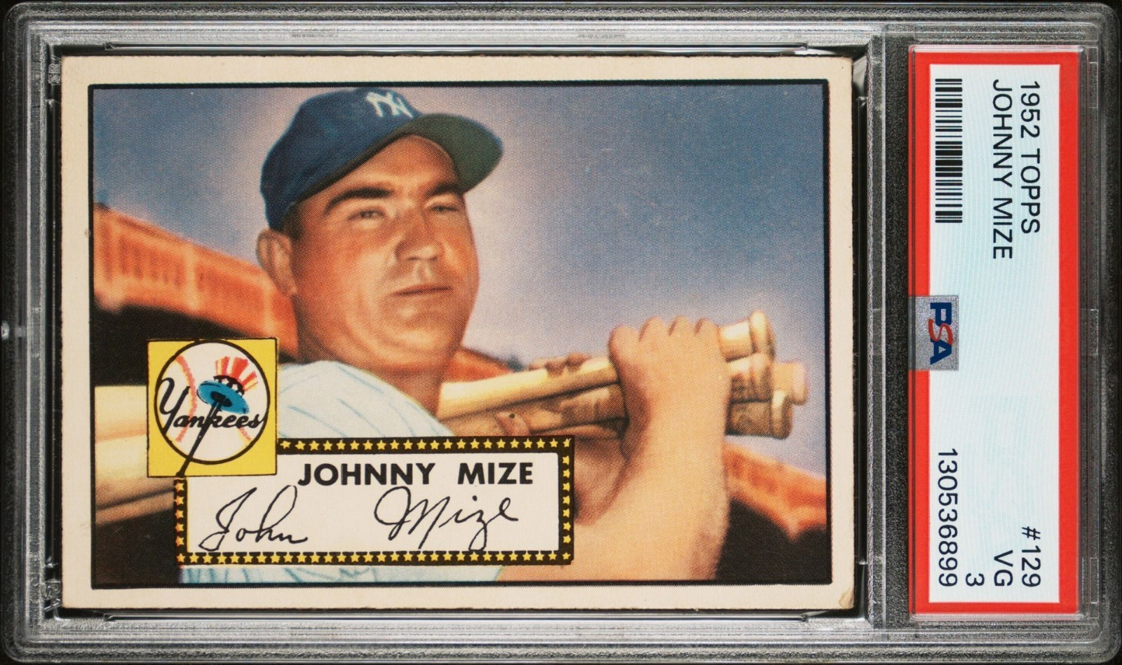 1952 TOPPS #129 JOHNNY MIZE NEW YORK YANKEES CENTERED PSA 3 VG