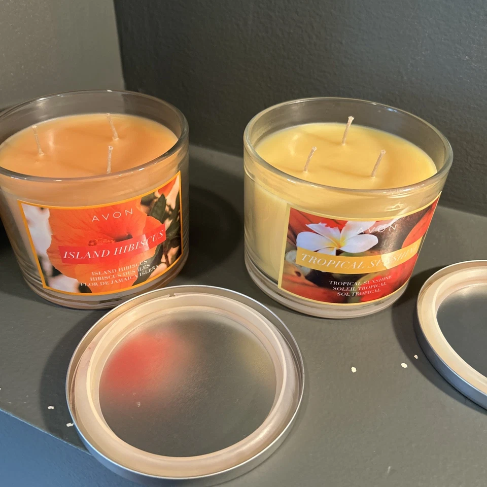 Avon Candles Island Hibiscus/Tropical Sunshine 3 wick 3” Diameter With Lids - Image 2 of 4
