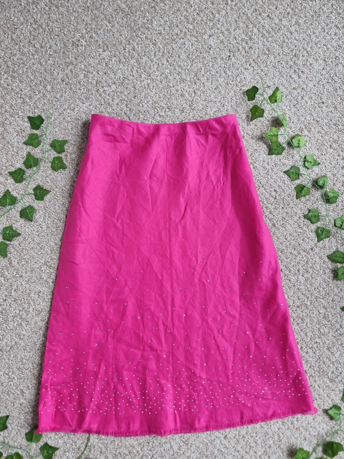 M&S Bright Pink Linen Skirt with Rhinestones & Frayed Hem Vintage Y2k