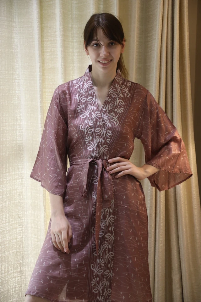 Bata kimono midi de seda pura hasta la rodilla vestido kimono de seda marrón PS MKMO2138 Foto 3 de 4