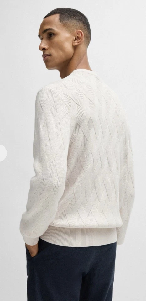 HUGO BOSS WOOL REGULAR-FIT SWEATER WITH KNITTED STRUCTURE LARGE WHITE NWT - Image 3 of 4