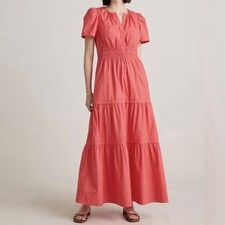 Quince Navy 100% Organic Cotton Poplin Tiered Maxi Dress Coral Spice Size S NWT