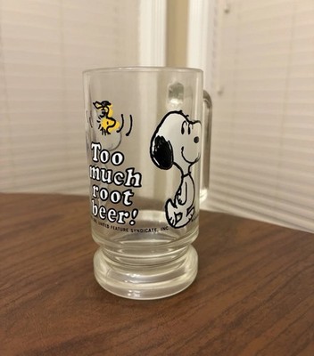 Peanuts 1965 Snoopy & Woodstock  Too Much Root Beer  Heavy Glass Drinking Mug