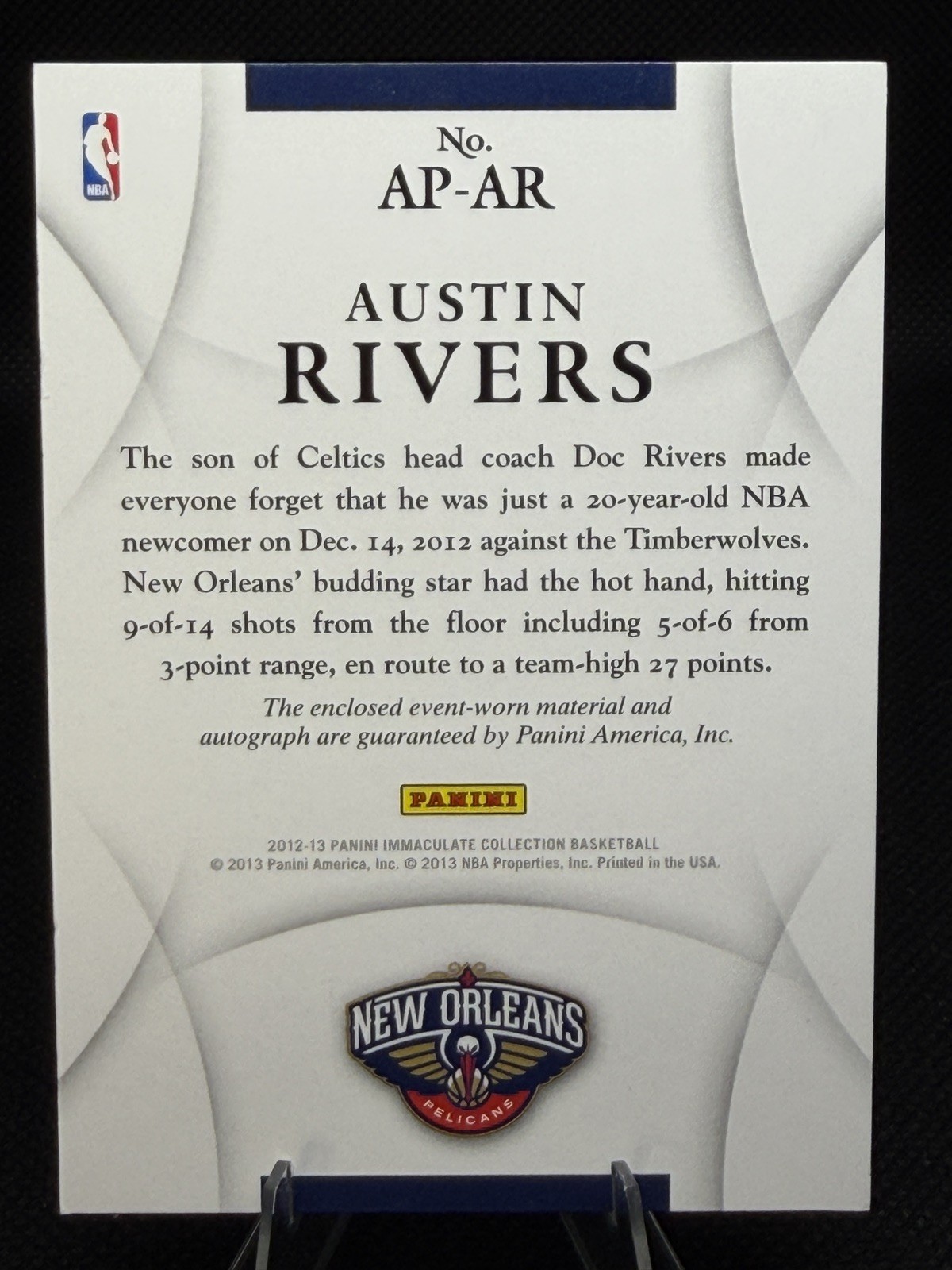2012 Panini Immaculate Collection - Auto Patch Austin Rivers /100 (AU, MEM, RC) view 2