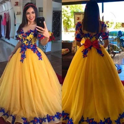 Yellow Gold Belle Princess Prom Dresses Sheer Neck Royal Blue Lace Applique  | eBay