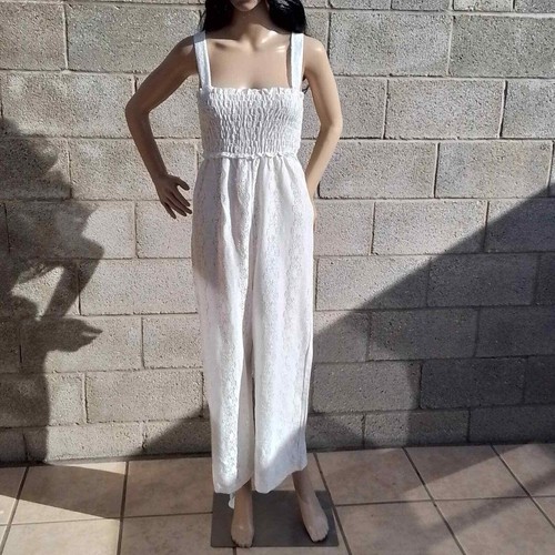 Zara Jumpsuit Sz S White Eyelet Design Sleeveless Tank Ankle Resort Semi Sheer