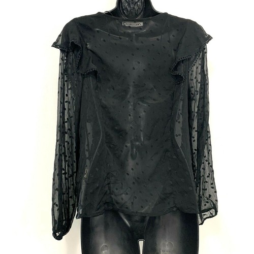 Zara Blouse M Black Sheer Ruffle Swiss Dot Long Sleeve Chiffon Top Shirt Buttons - Picture 4 of 7