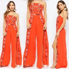 Forever 21 Lulumari Strapless Embroidered Floral Jumpsuit Red Large L NEW!