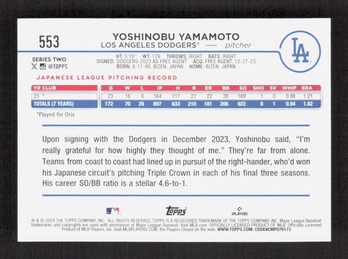 2024 Topps Series 2 Yoshinobu Yamamoto Dodgers #553 Rookie RC giallo - Foto 2 di 2