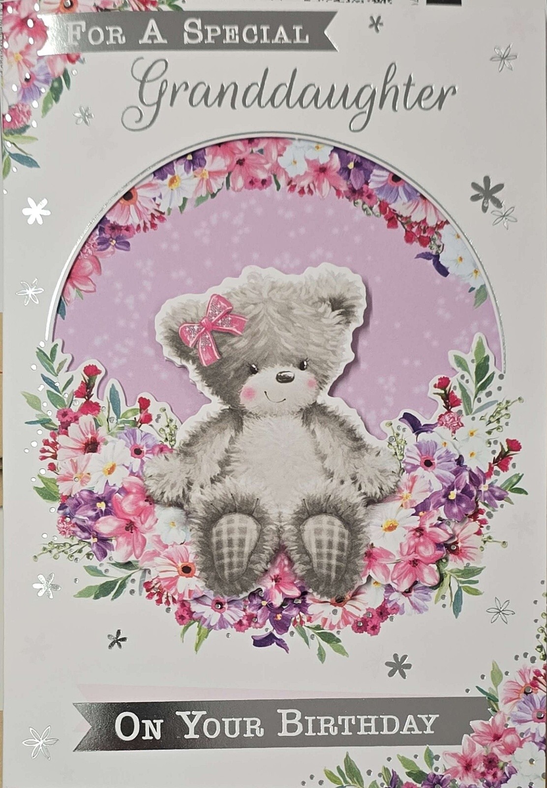 Happy Birthday Card With Love Granddaughter Cute Bear Flowers Silver Foil