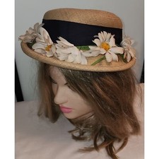 Vintage 30s Natural Straw Open Crown Hat Rolled Brim Daisies Art Deco 20.5 in.