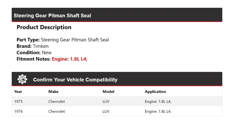 Para Chevrolet LUV 1975-1976 1,8 L L L4 engranaje de dirección Pitman eje sello Timken Foto 2 de 4