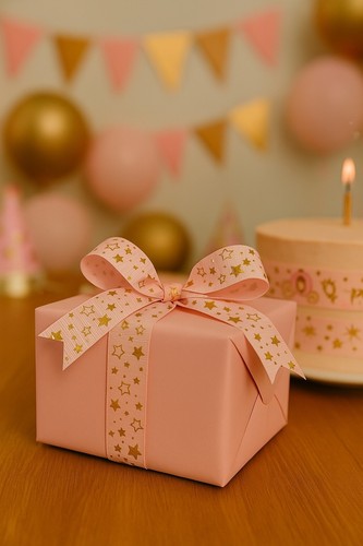 Cinta Estrella Rosa y Dorada 2m x 22mm - Decoración Pastel Cumpleaños, Envoltura Regalo, Manualidades - Imagen 2 de 4