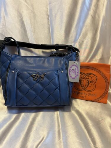 NWT Sharif Hand bag Embroidered Navy Blue Silver Faux Leather Shoulder Purse New