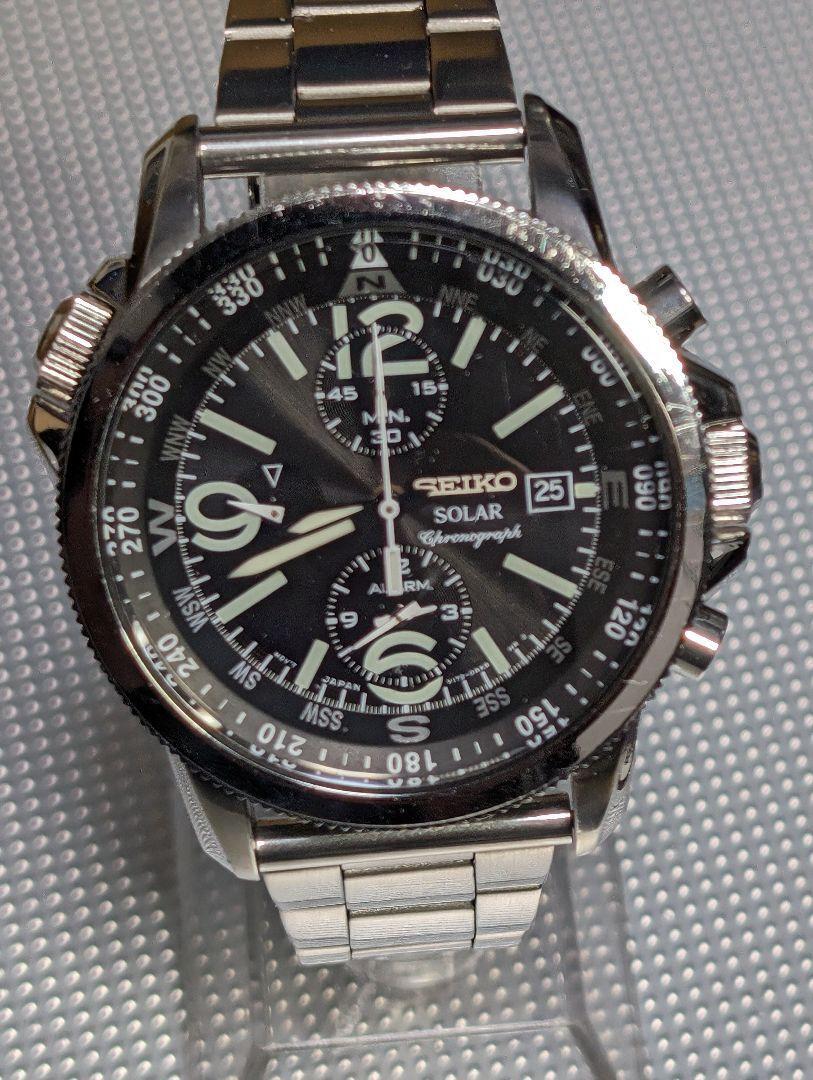 Seiko V172 0AG0 Chronograph Stainless Steel Date Solar Mens Watch Auth Works