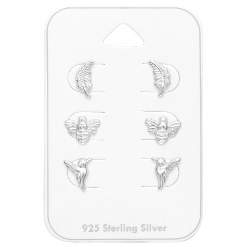 Nature Set of Ear Studs 925 Sterling Silver Feather, Bee & Hummingbird Gift Pack - Picture 7 of 7