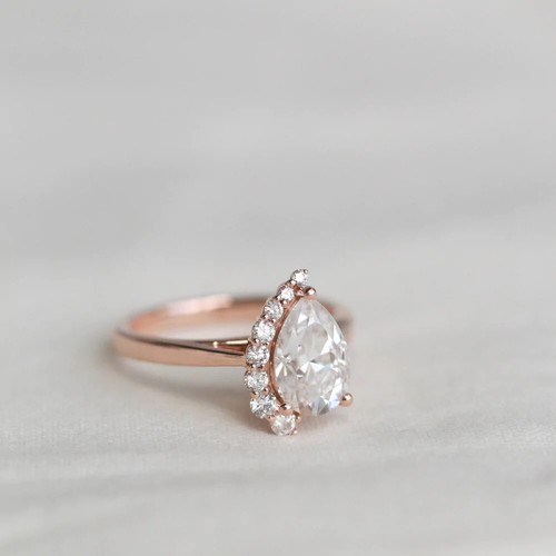 Gorgeous 14k Solid Rose Gold Pear Cut Half Halo 2 Ct Moissanite Engagement Ring - Picture 2 of 12