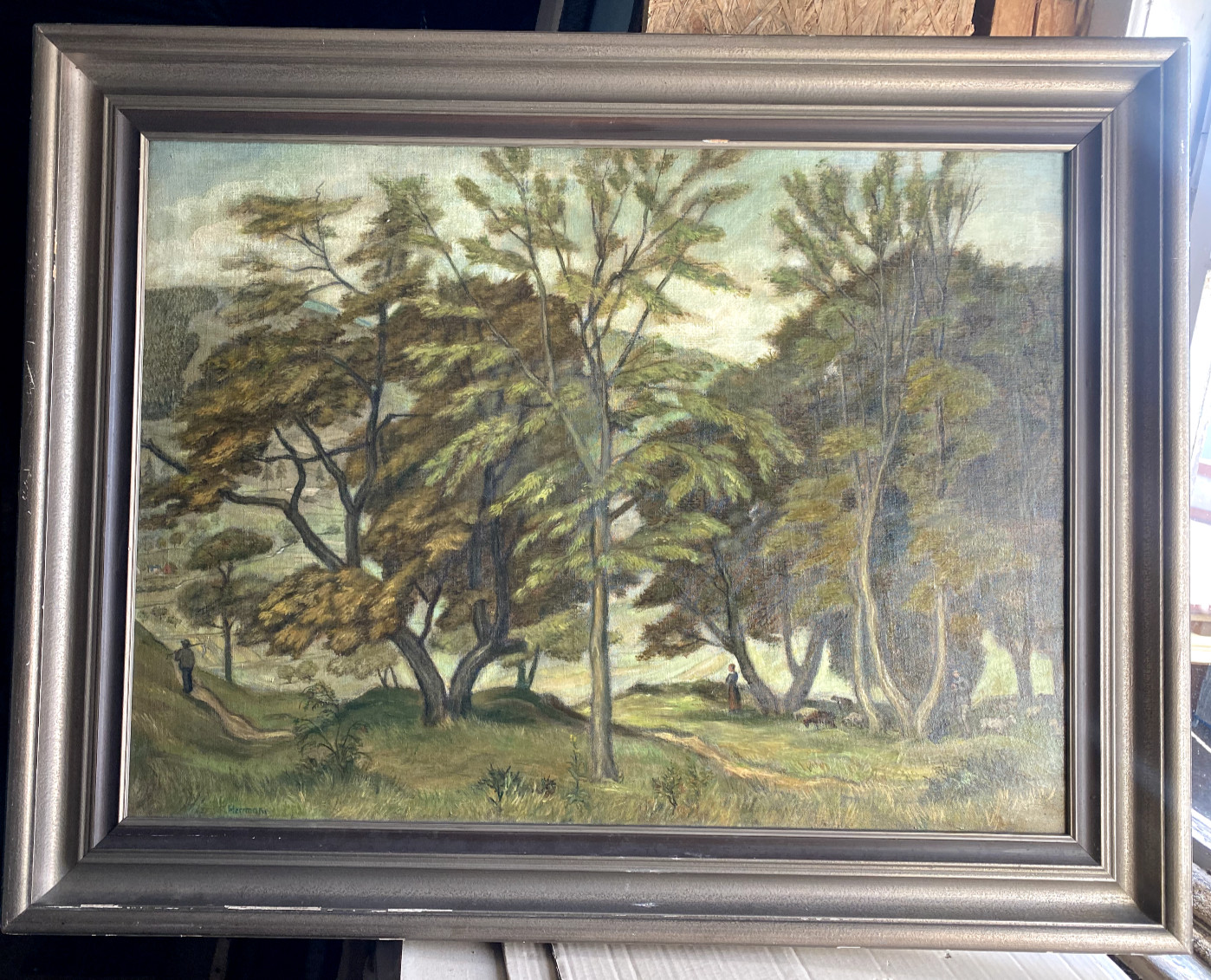 ::ÖLGEMÄLDE LANDSCHAFT MIT ZIEGEN HIRTEN BÄUMEN WEIDE UM 1930 SIGNIERT RAHMEN ÖL