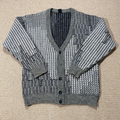 VINTAGE Pattern Cardigan Mens Medium Grey Geometric Abstract Chunky